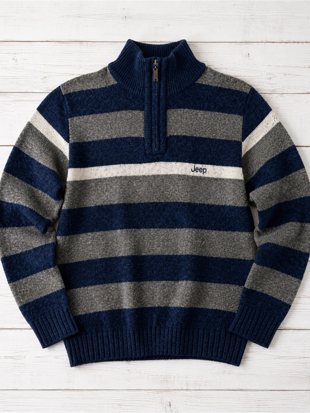 Jeep 100% Wool Striped Half Zip Sweater Blue Gray Pullover Men’s - Picture 2 of 10